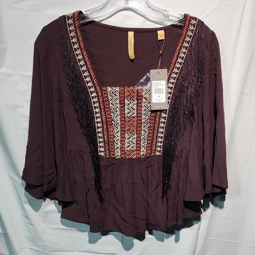 Shyanne Boho Embroidered Fringe Peasant Blouse - Brown
